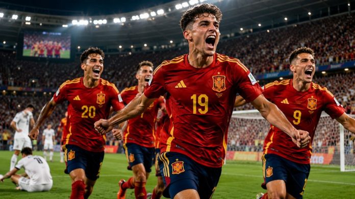 Pemain Spanyol merayakan gol kemenangan Ferran Torres di final Piala Dunia 2026
